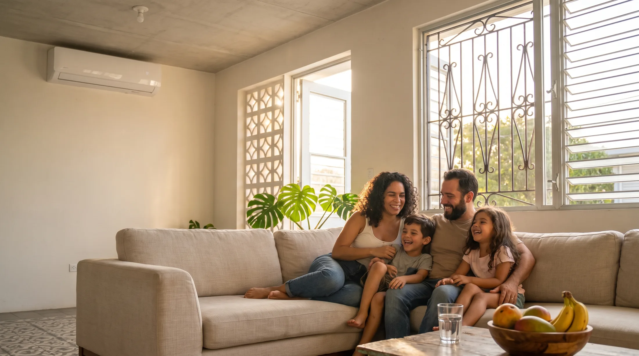 Familia en la sala de su casa en Puerto Rico